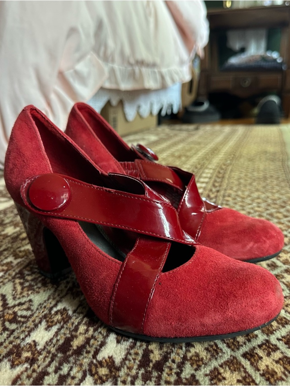 Gianni Bini Red Suede and Patent Mary Jane Block Heels